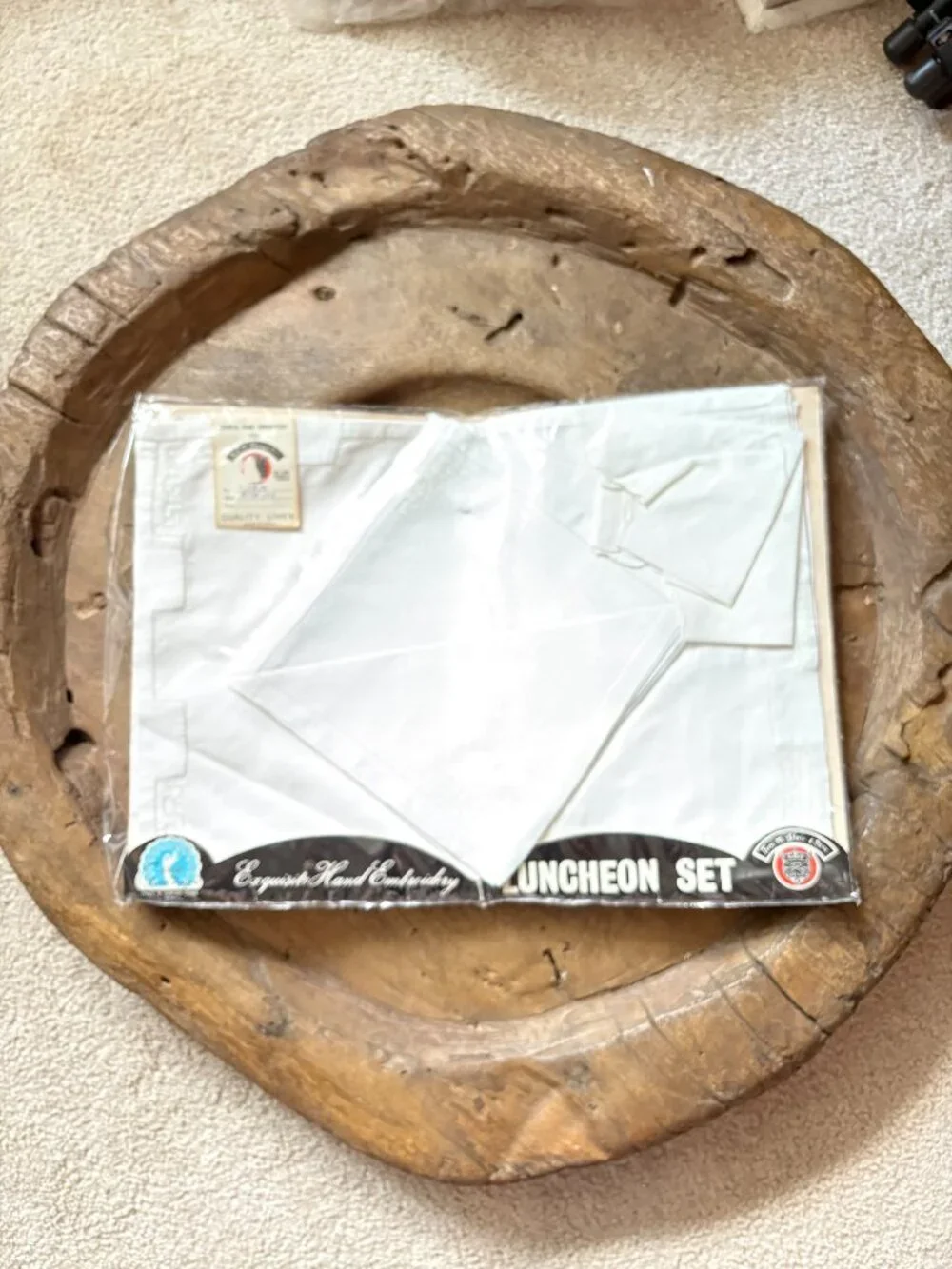 Vintage Benj. M. Jabara white linen hand-embroidered placemat napkin set retro